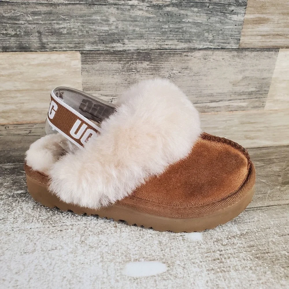 UGG Funkette Kids Slippers Sz 8 Chestnut Suede Comfort Slingback Round Toe